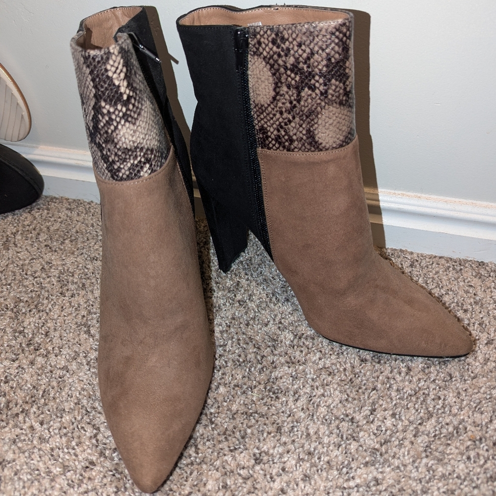 Velvet tan and black snakeskin booties